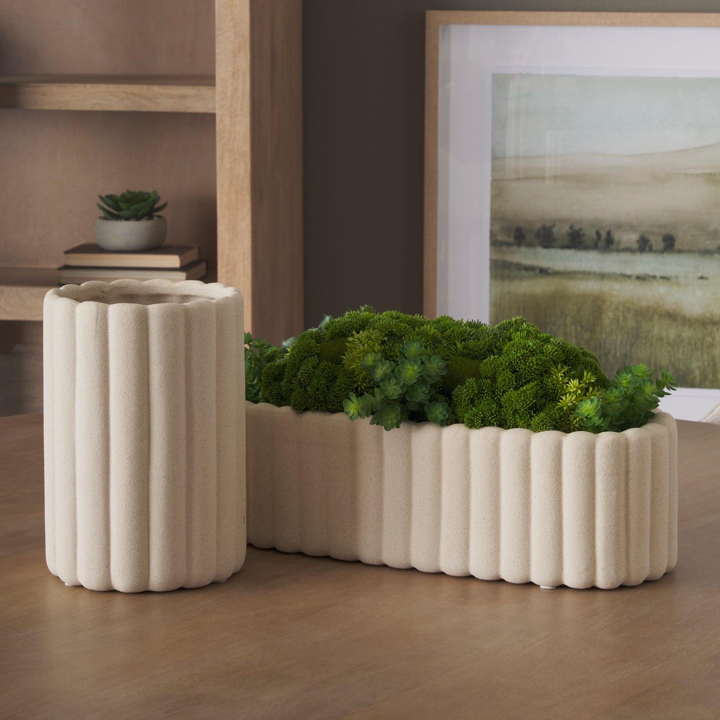 Mira Wide Textured Blush Beige Fluted Ceramic Vase