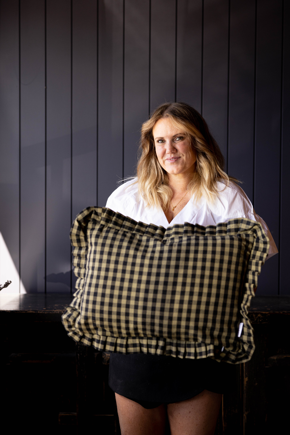 Ruffle Lumbar Pillow Sham Olive Green Gingham with Goose Feather Insert