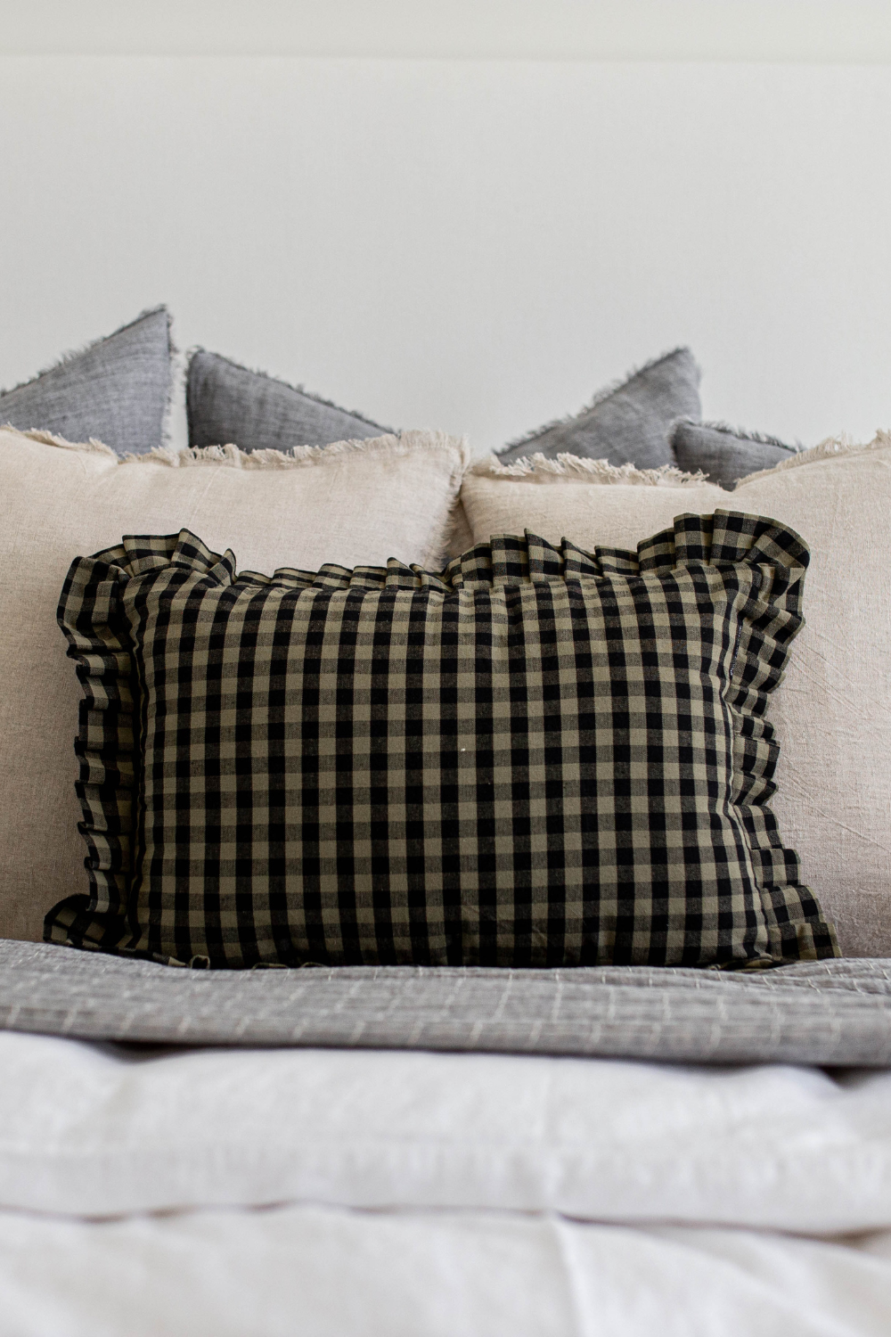 Ruffle Lumbar Pillow Sham Olive Green Gingham with Goose Feather Insert