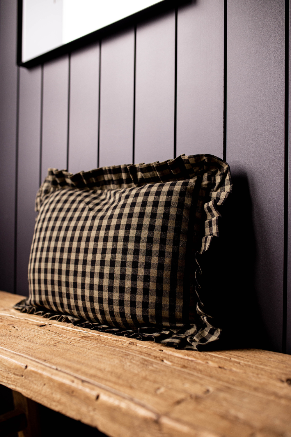 Ruffle Lumbar Pillow Sham Olive Green Gingham with Goose Feather Insert