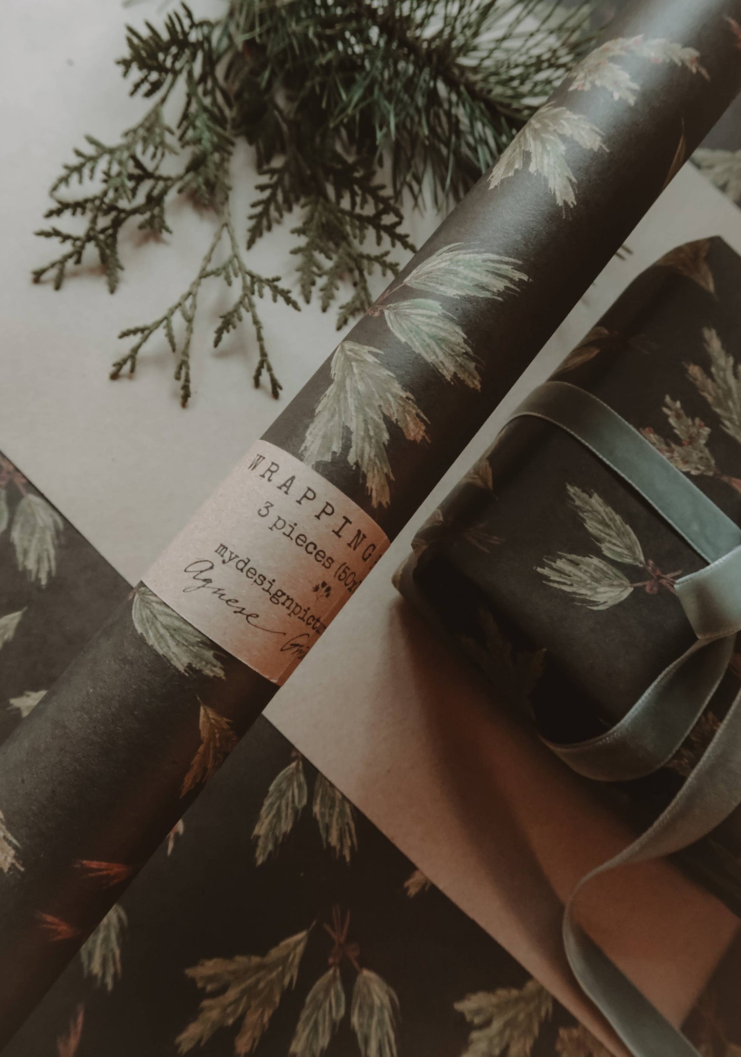 Set Of 3 Pieces Green branches Kraft Wrapping Paper