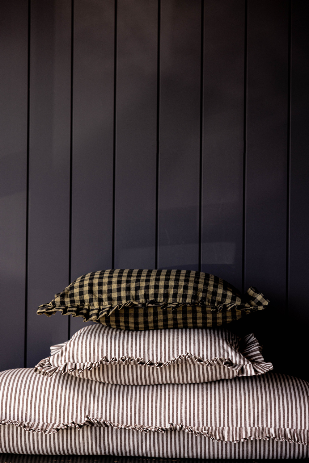 Ruffle Lumbar Pillow Sham Olive Green Gingham with Goose Feather Insert