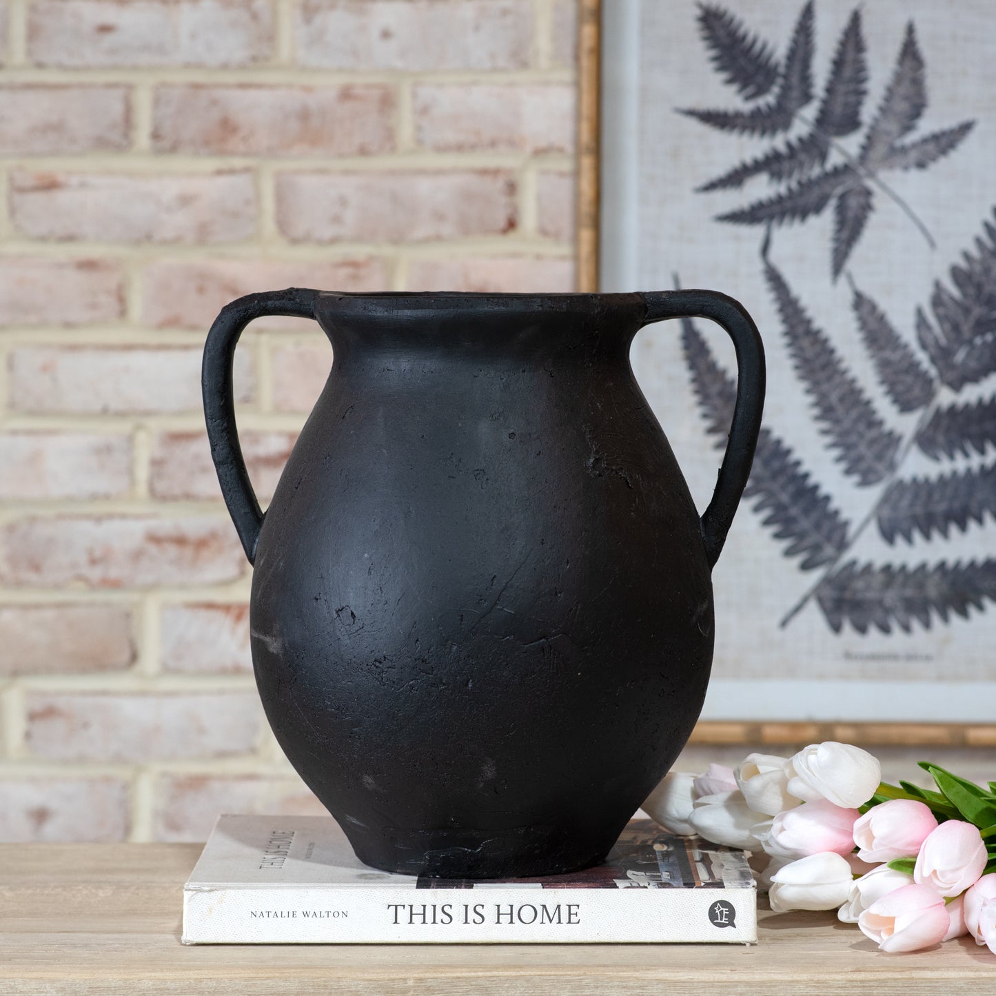 11.8" BLACK, 2 HANDLE JUG VASE
