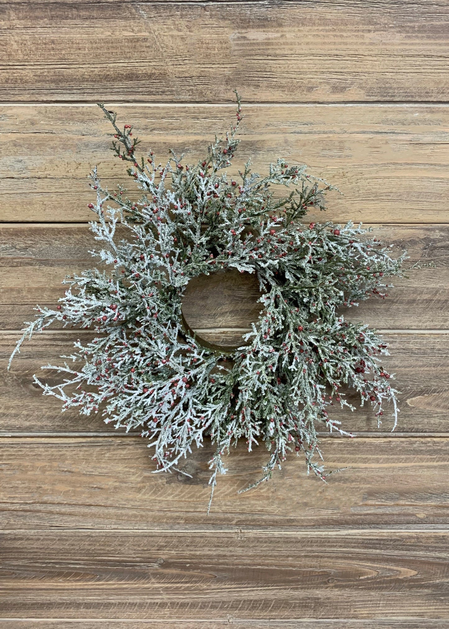 3" INSIDE DIM, 11" OUTSIDE DIM GLITTERED CEDAR AND RED BERRIES CANDLE RING
