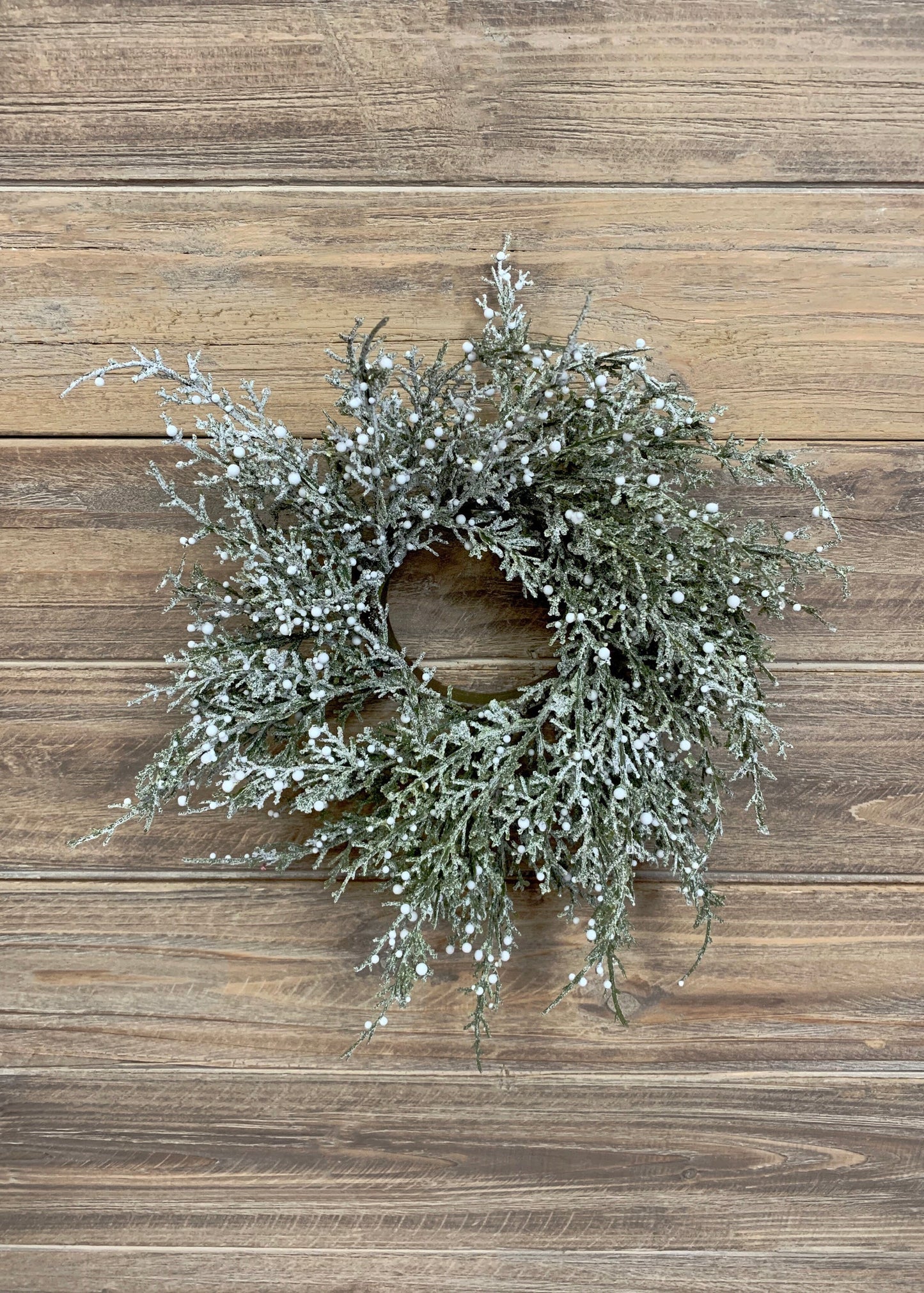 3" INSIDE DIM, 11" OUTSIDE DIM GLITTERED CEDAR AND WHITE BERRIES CANDLE RING