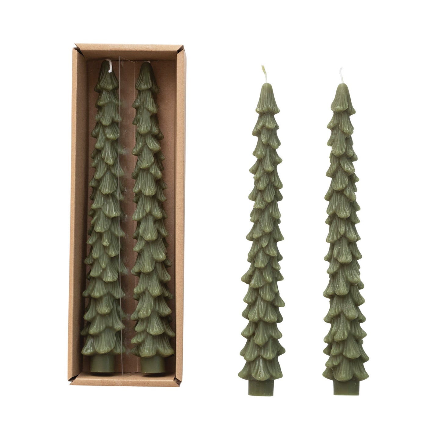 Unscented Tree Shaped Taper Candles in Box; Evergreen | Two Sizes