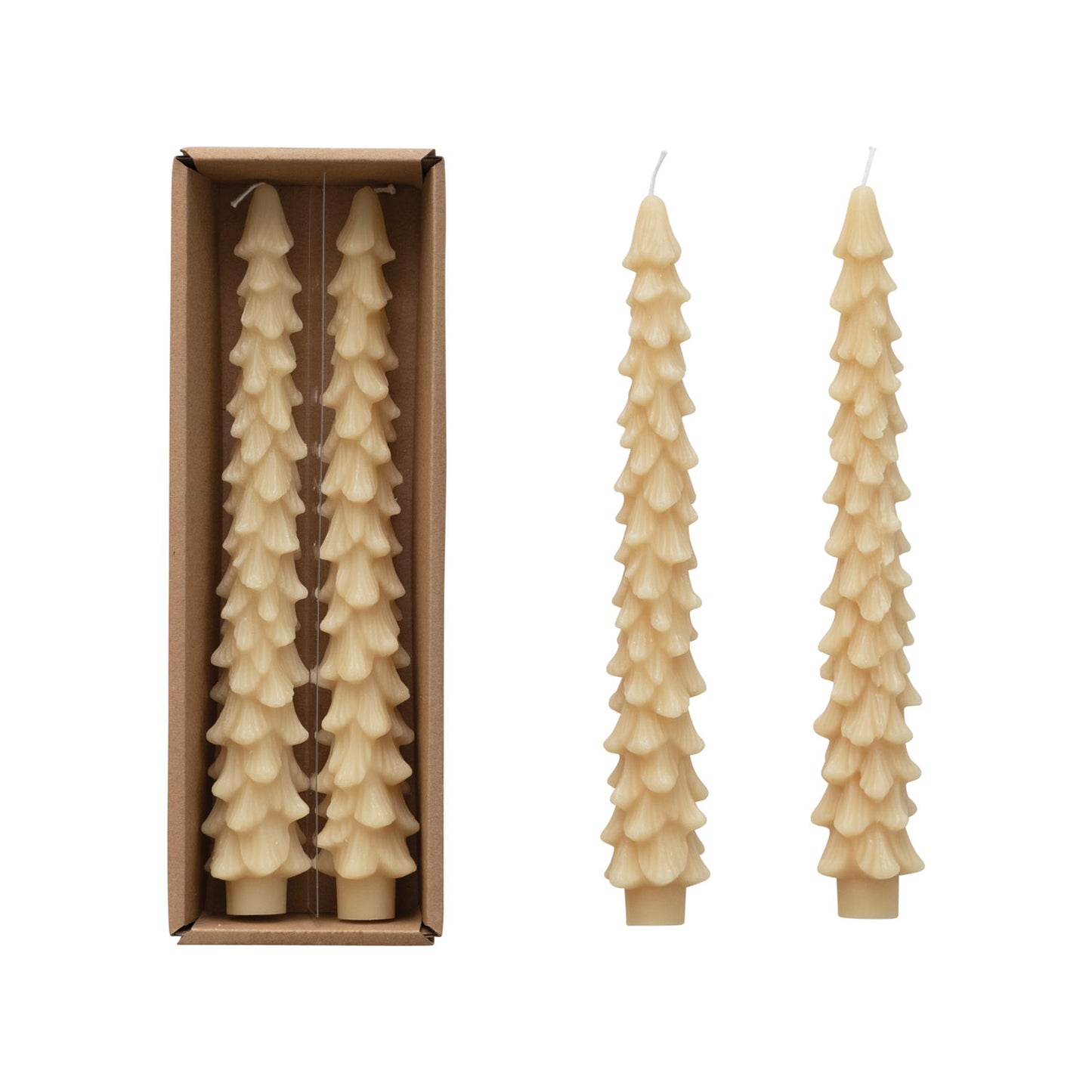 Unscented Tree Shaped Taper Candles in Box; Eggnog | Two Sizes