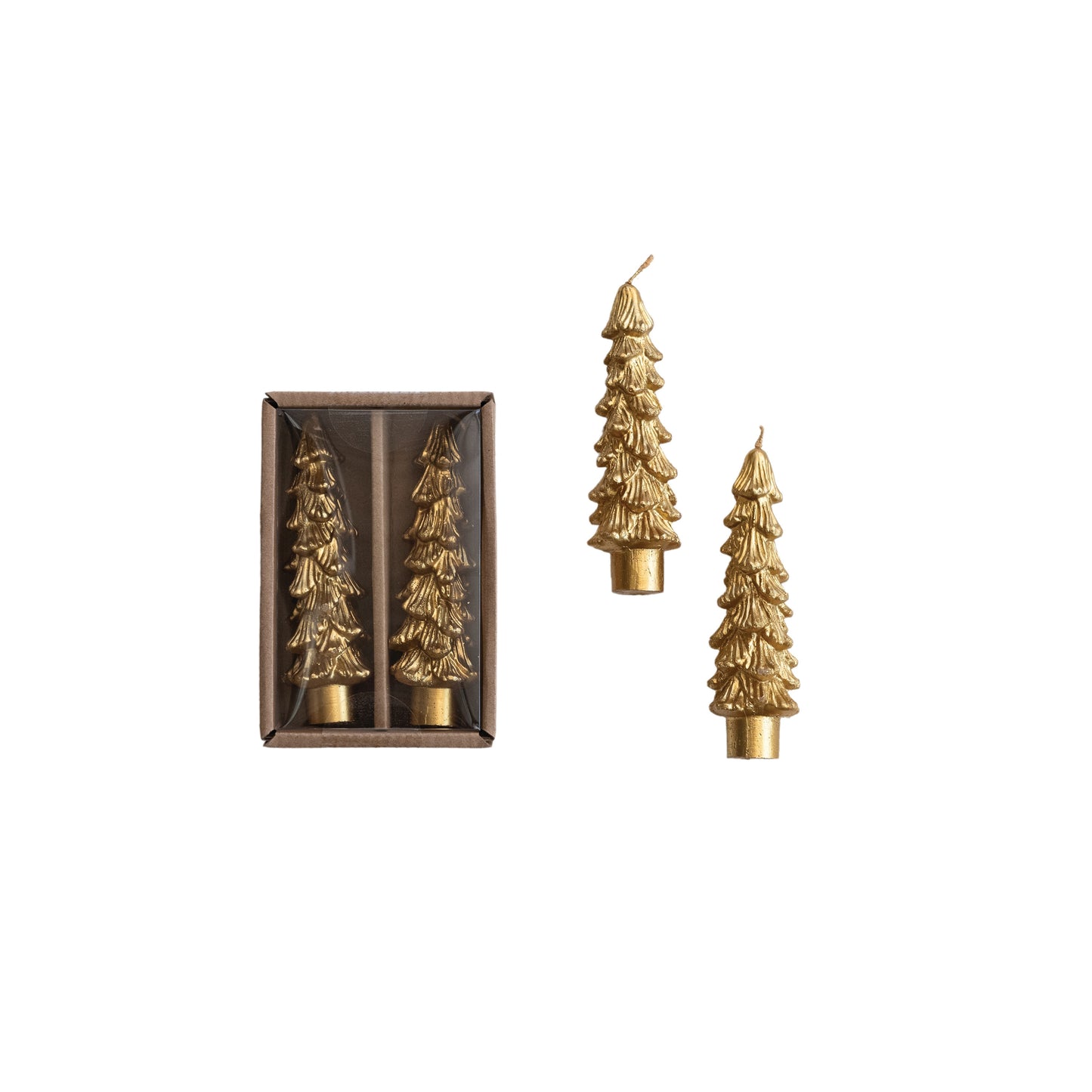Unscented Tree Shaped Taper Candles in Box; Gold | Two Sizes