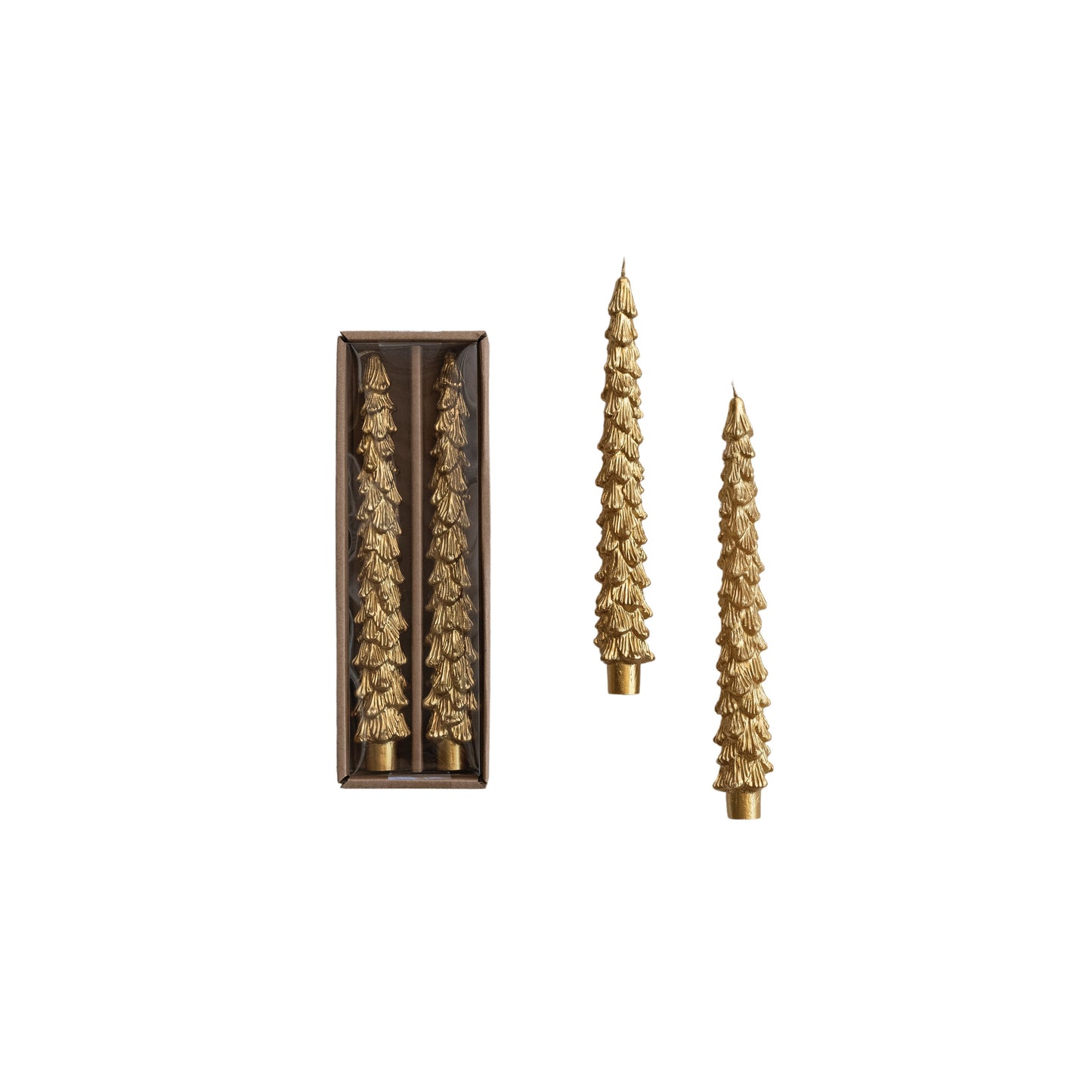 Unscented Tree Shaped Taper Candles in Box; Gold | Two Sizes