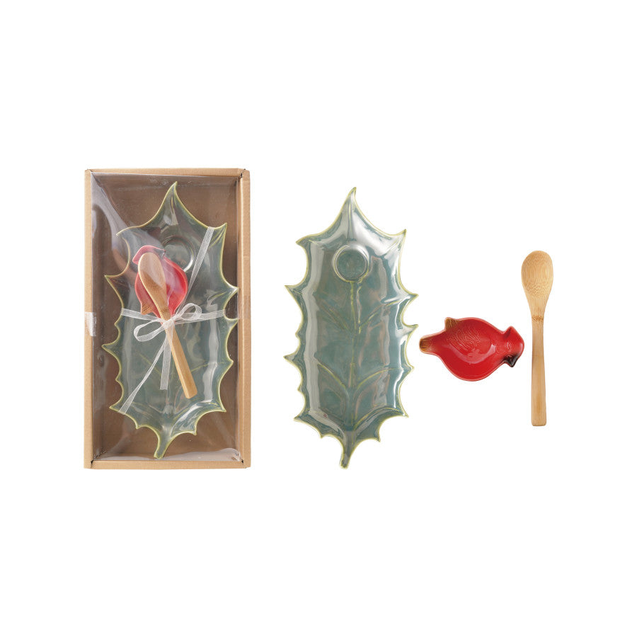 S/3 11-1/4"L Stoneware Leaf Plate Bird Dish & Bamboo spoon