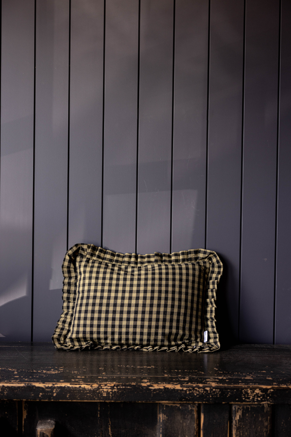 Ruffle Lumbar Pillow Sham Olive Green Gingham with Goose Feather Insert