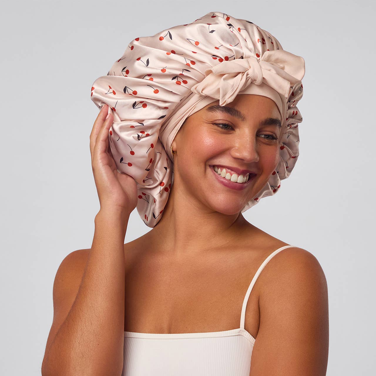 Adjustable Oversized Satin Bonnet - Cherry Print - Magnolia Lane co. Home + Garden + Gift