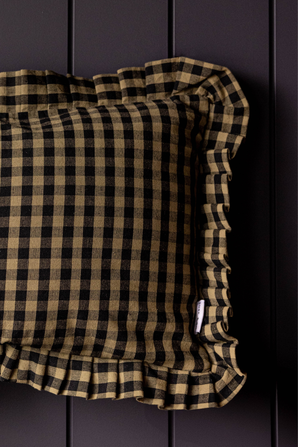 Ruffle Lumbar Pillow Sham Olive Green Gingham with Goose Feather Insert
