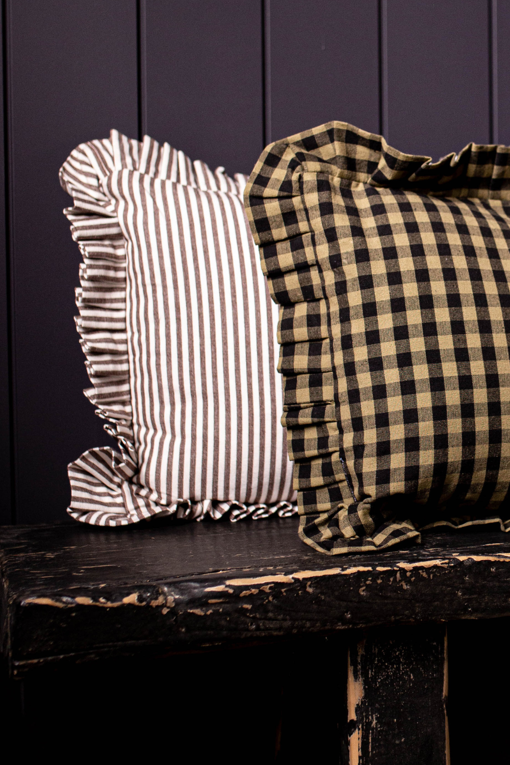 Ruffle Lumbar Pillow Sham Olive Green Gingham with Goose Feather Insert