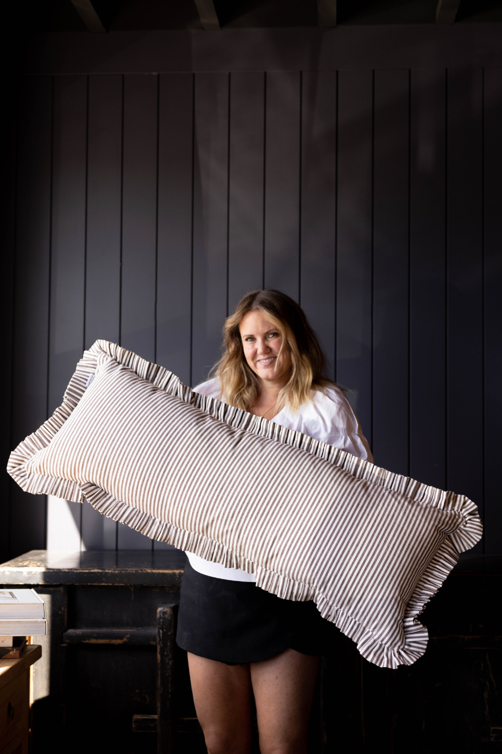 Ruffle Bolster Pillow Cover Brown White Stripes