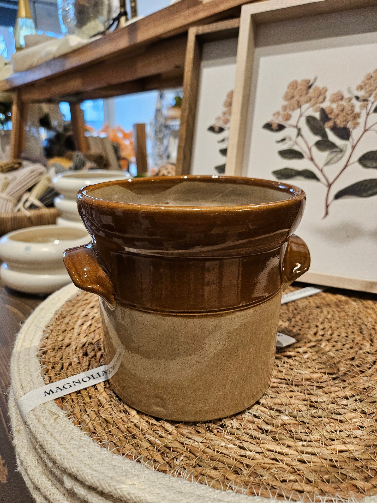 Small handled two tone stoneware crock
