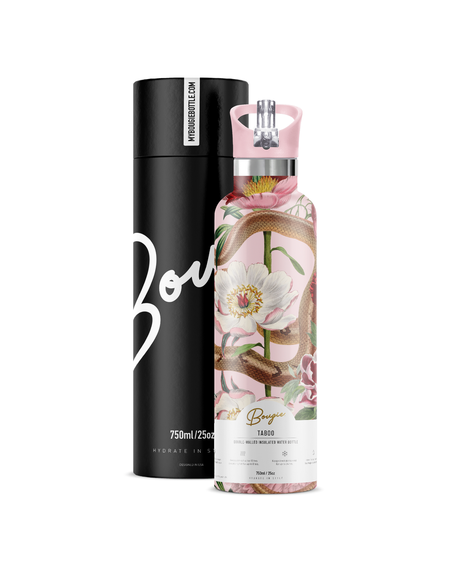 Taboo | Serpent & Flower Tattoo Insulated Water Bottle 25oz