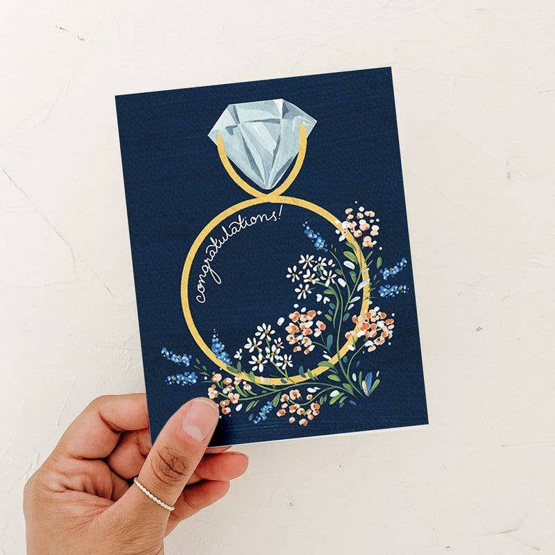 Navy Floral Congratulations Ring Engagement Card