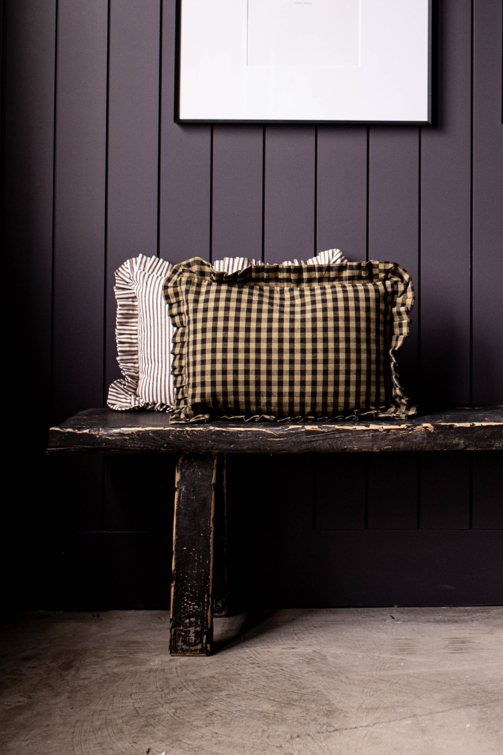 Ruffle Lumbar Pillow Sham Olive Green Gingham with Goose Feather Insert
