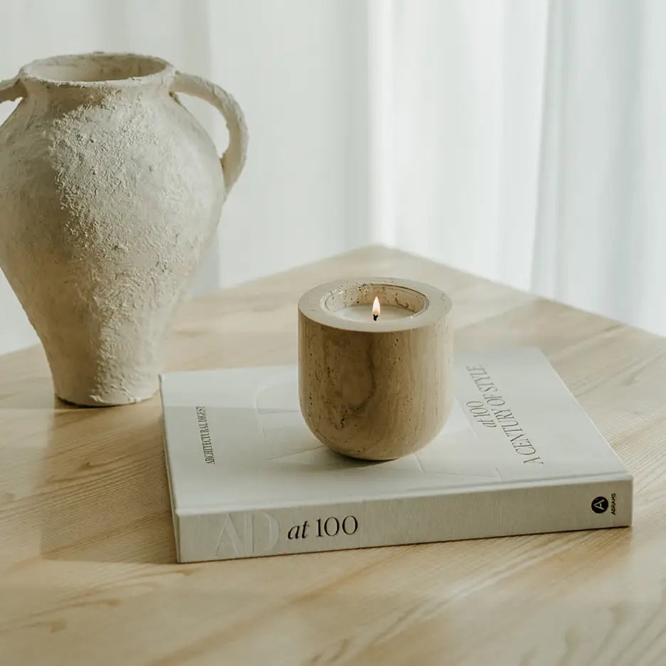 Beige Travertine Refillable Stone Candle