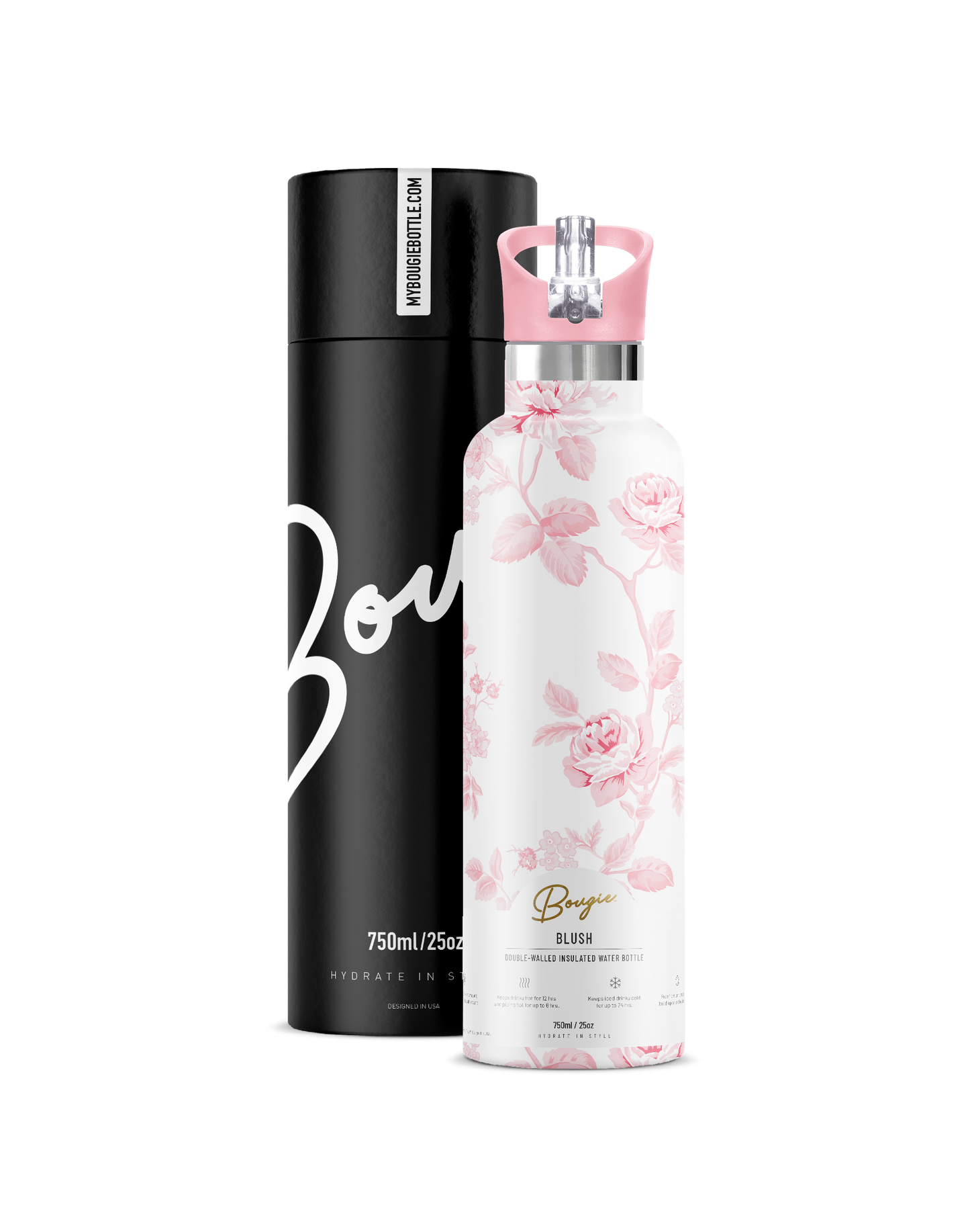 Blush | Pink Rose Bridal Insulated Water Bottle 25oz