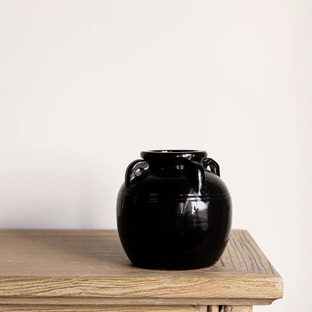 Mercier Glazed Black Vase with Handles