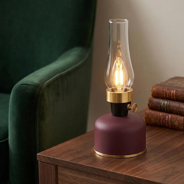 Lantern LED Lamp w/Chimney-Burguny-10.5"H