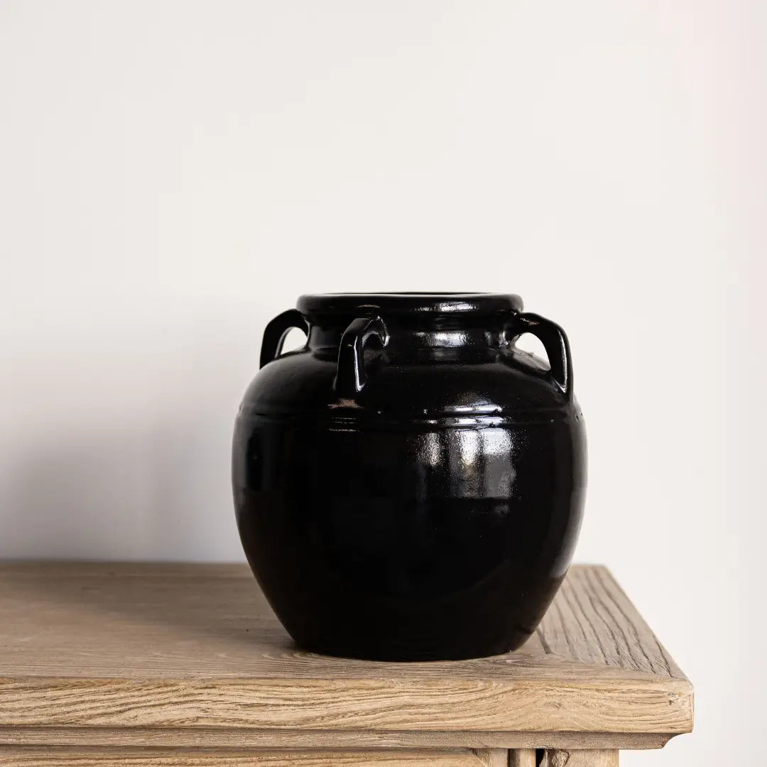 Mercier Glazed Black Vase with Handles