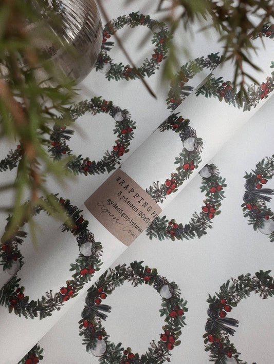 Set Of 3 Pieces Christmas Wreath white Wrapping Paper