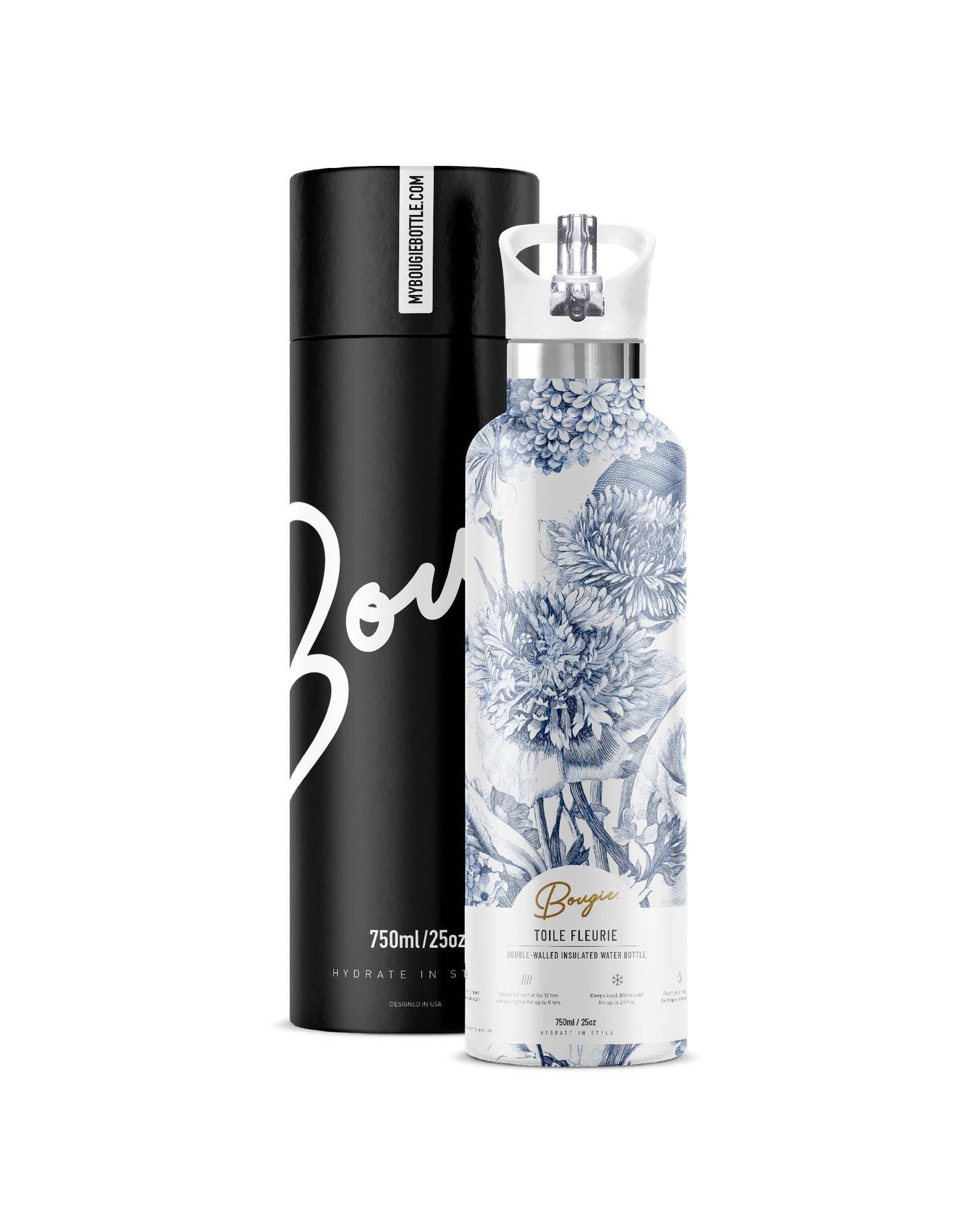 Toile Fleurie | Blue Floral 25oz Insulated Water Bottle