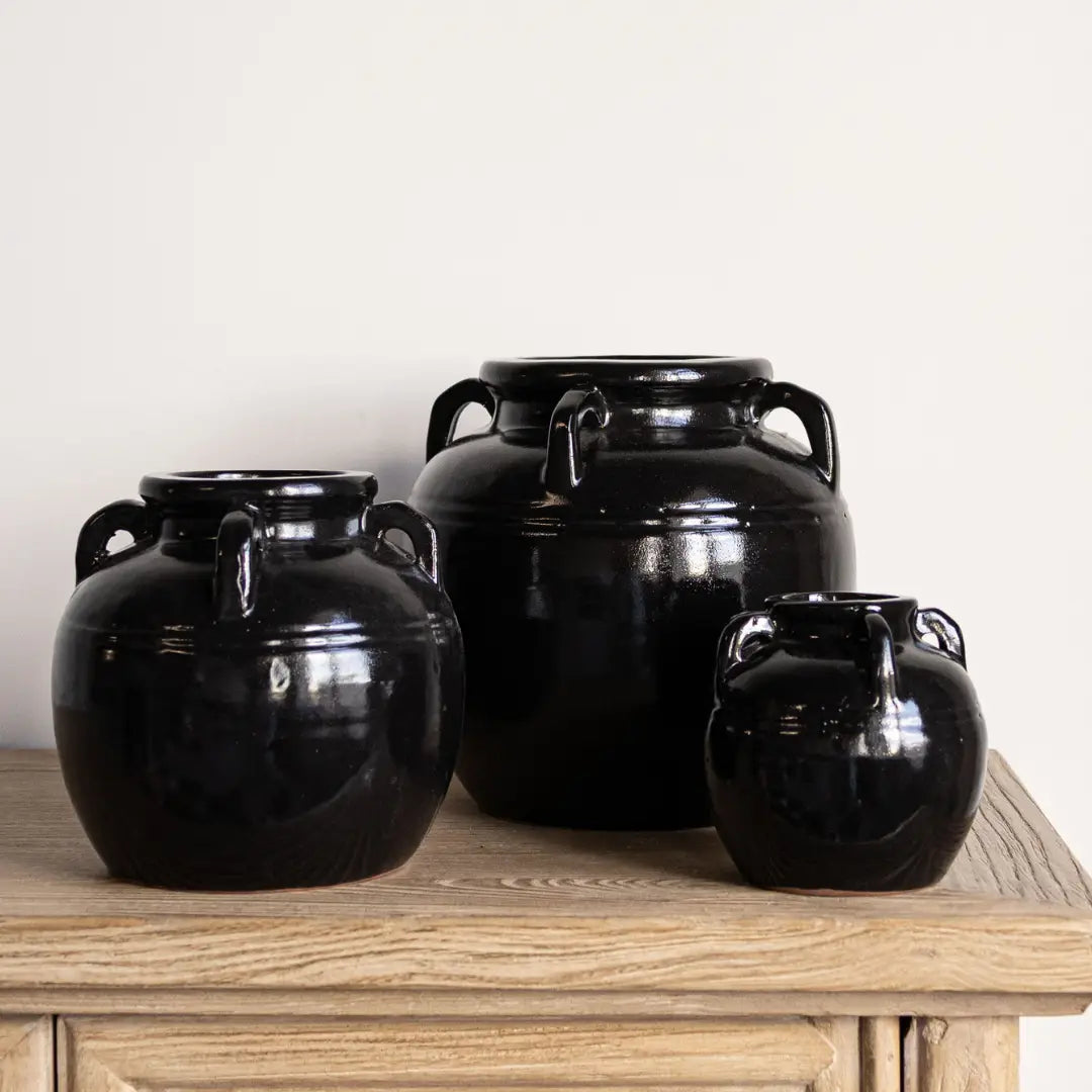 Mercier Glazed Black Vase with Handles