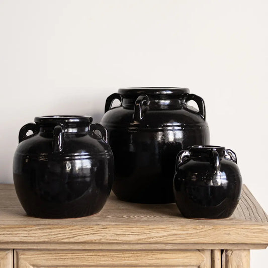 Mercier Glazed Black Vase with Handles