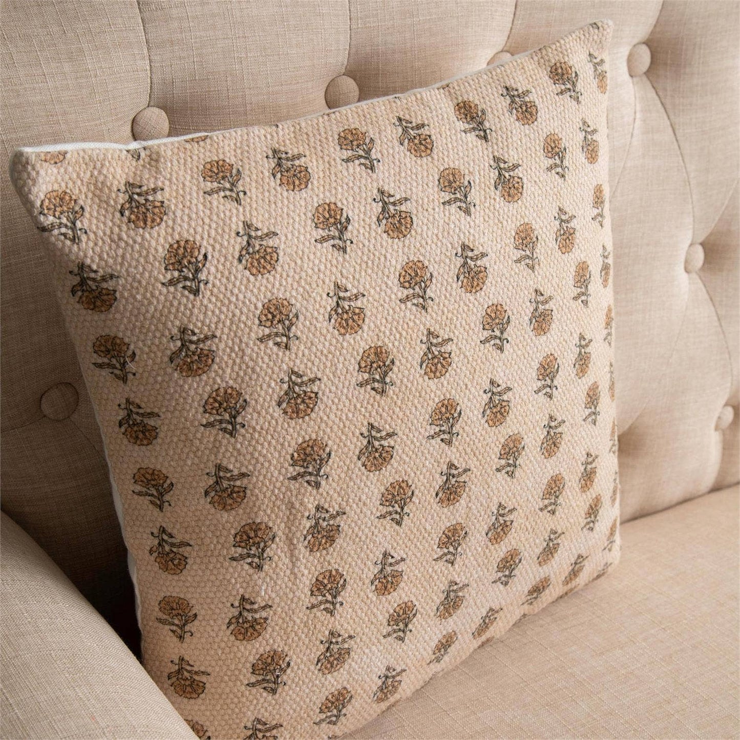 Pillow - Knubby Slub Block Print, Mustard Floral