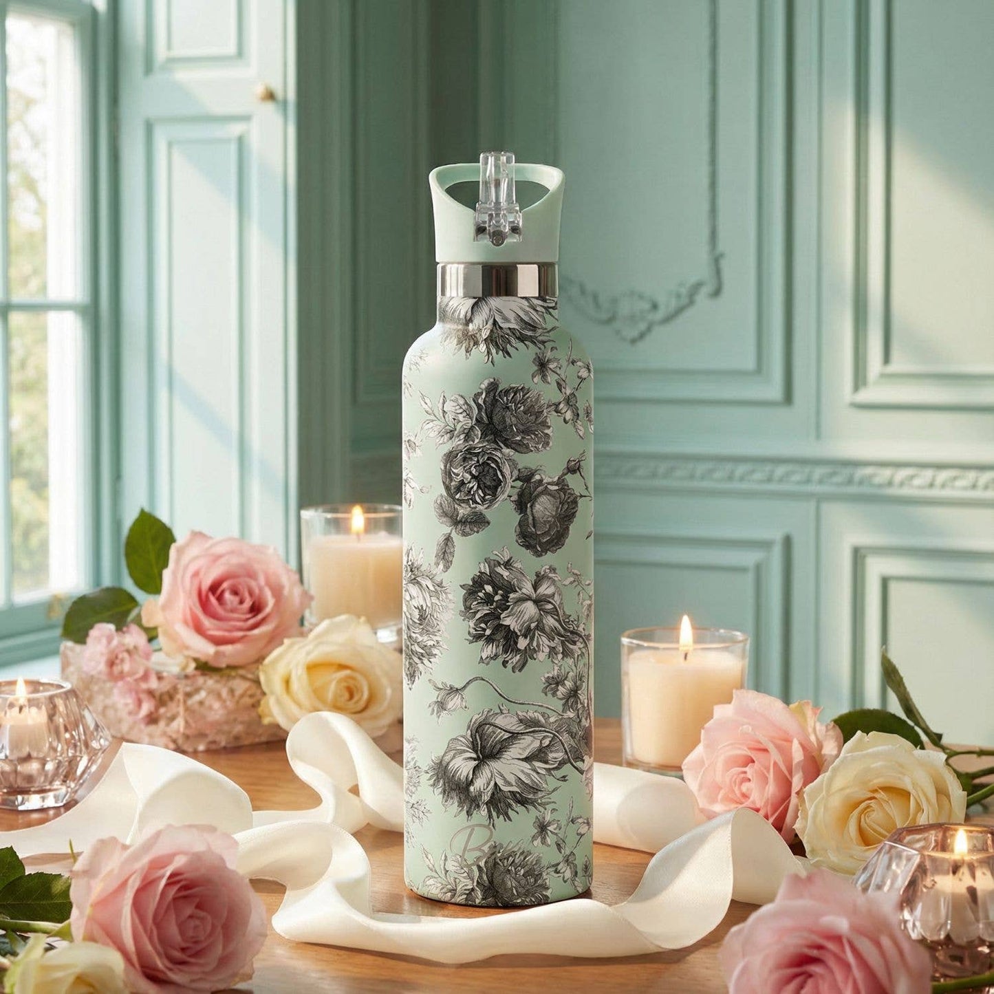 Toile D'amore | Mint Floral Bridal Insulated Bottle 25oz