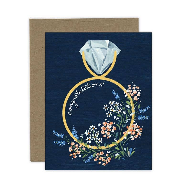 Navy Floral Congratulations Ring Engagement Card