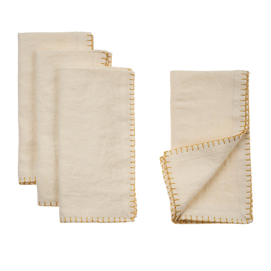 Gold Blanket Stitch Napkins, Off-White | Set of 4
