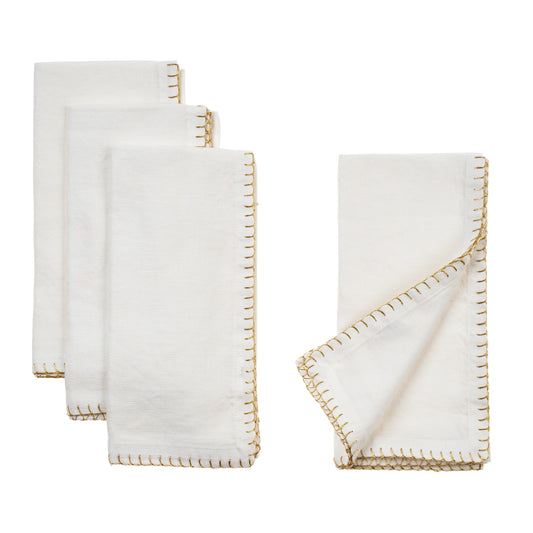 Gold Blanket Stitch Napkins, White | Set of 4