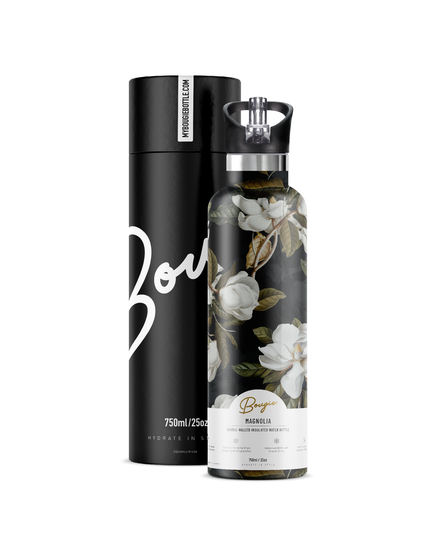 Magnolia | Dark Floral Magnolia 25oz Insulated Water Bottle