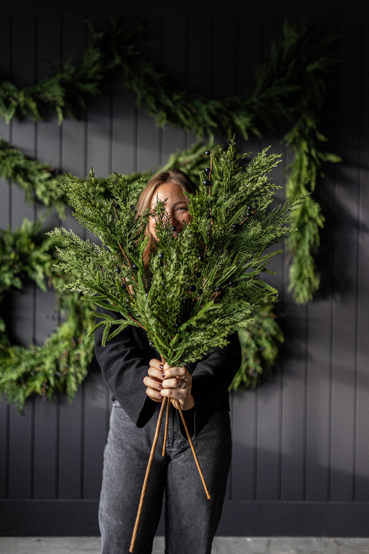Blue Plum Berry Norfolk Cypress Touch Green Faux Stems