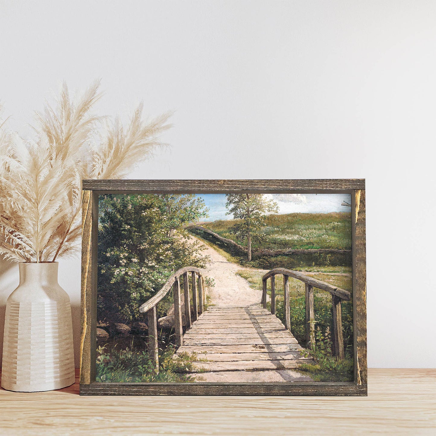Vintage Framed Print | European Countryside With Bridge A33