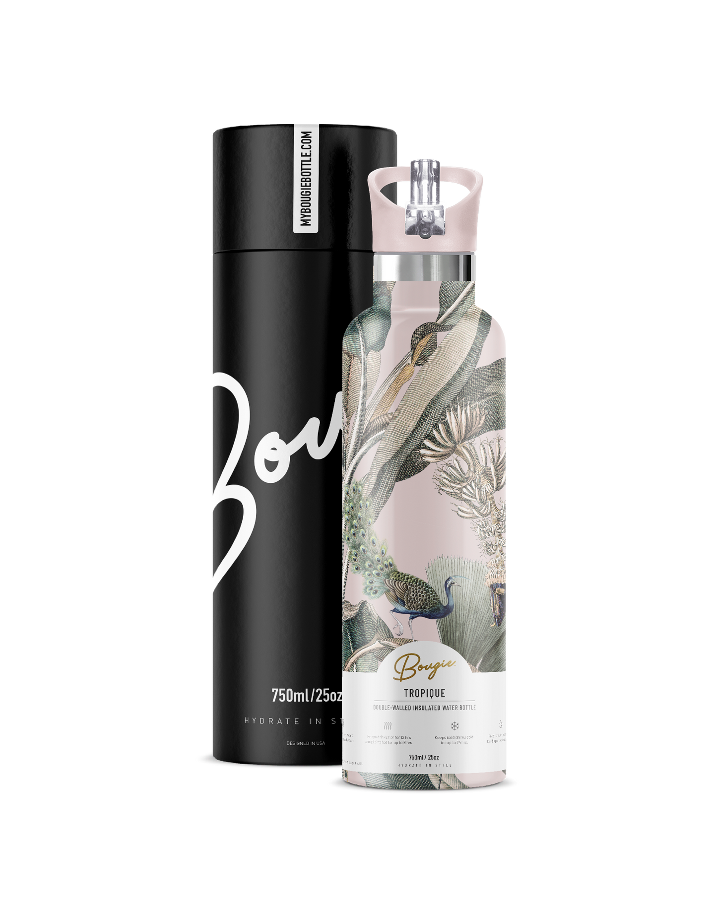 Tropique | Vintage Peacock & Palm Insulated Water Bottle 25o