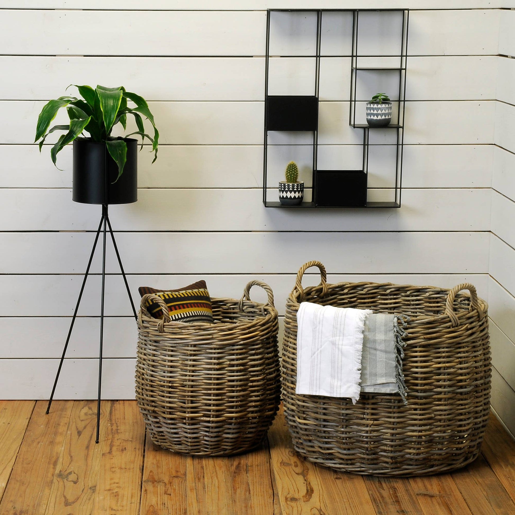 Rattan 2 Piece Basket Set - Large Size with Big Handles - Magnolia Lane co. Home + Garden + Gift