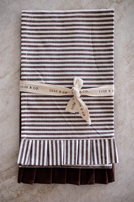 Brown & White Stripes Ruffle Kitchen Dish Towel | Set of 2