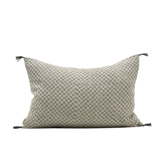 16x24 Block Print Check Linen Pillow, Blue