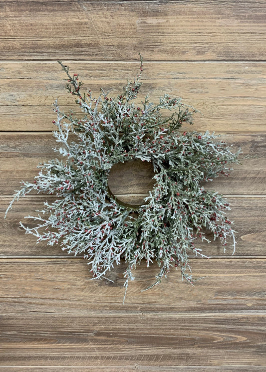 3" INSIDE DIM, 11" OUTSIDE DIM GLITTERED CEDAR AND RED BERRIES CANDLE RING