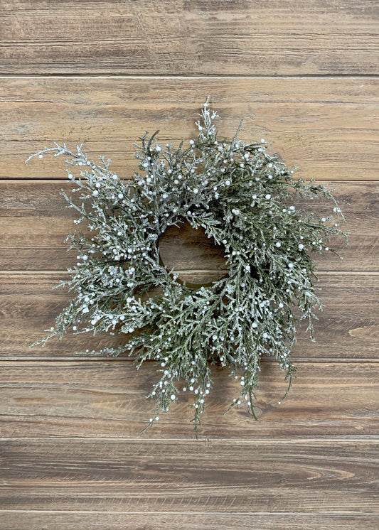 3" INSIDE DIM, 11" OUTSIDE DIM GLITTERED CEDAR AND WHITE BERRIES CANDLE RING