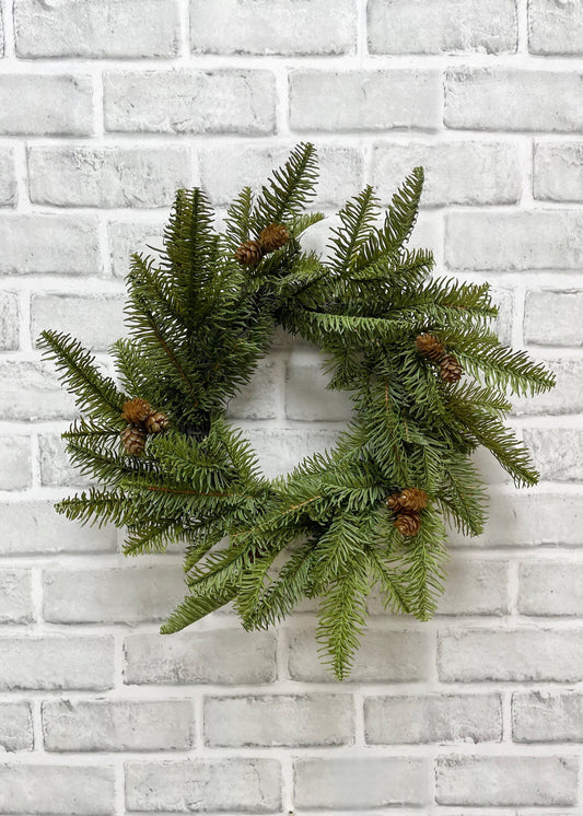 6" IN DIM, 14" OUT DIM, FRESH TOUCH BALSAM FIR WREATH WITH NATURAL PINE CONES ON BACKING