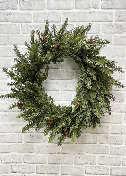 12" IN DIM, 24" OUT DIM, FRESH TOUCH BALSAM FIR WREATH WITH NATURAL PINE CONES ON BACKING