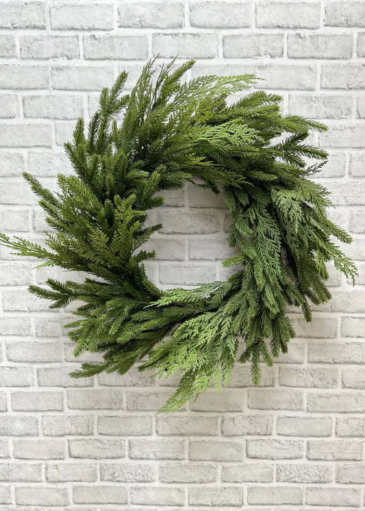 12" IN DIM, 28" OUT DIM, FRESH TOUCH SPRUCE AND CEDAR WREATH ON NATURAL BACKING