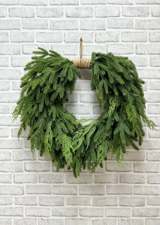 12" IN DIM, 26" OUT DIM, FRESH TOUCH SPRUCE AND CEDAR HEART SHAPE WREATH ON NATURAL BACKING